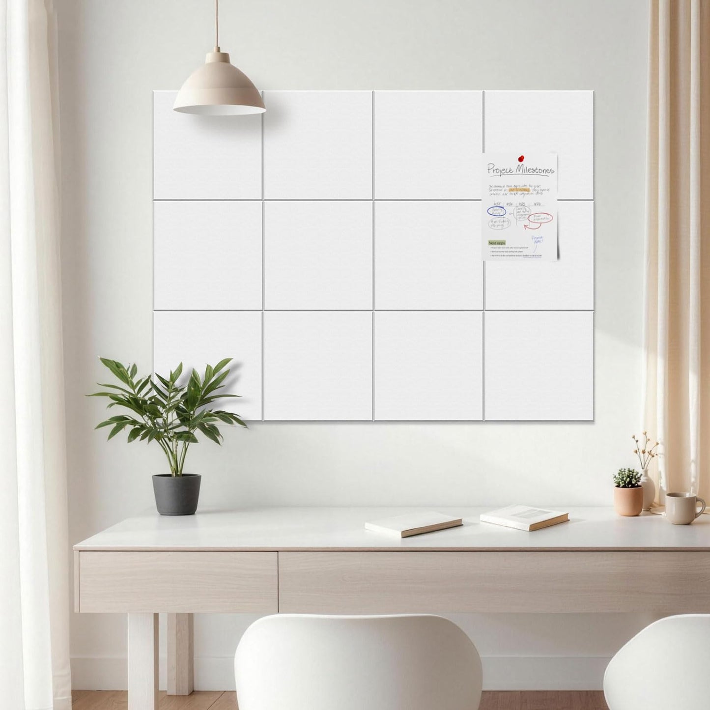 MISSDAY White Acoustic Wall Panel Felt Bulletin Board 48" x 36" Cork Board for Wall, 12-Pack Boards with 72 Removable Adhesive Tabs, 50 Pins, Pin Board for Home Office Classroom Soundproof Wall Tile