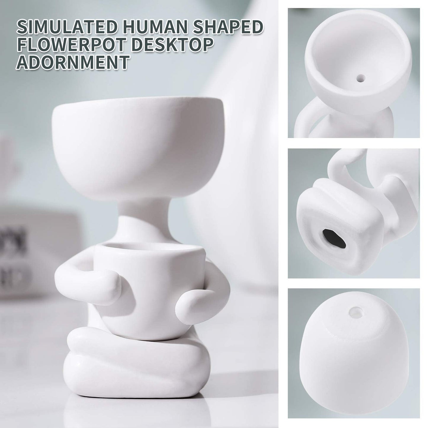 Humanoid Ceramic Flower Pot,Unique Small Planter Sitting Human Shaped Succulent Cactus Cute Plant Pot Container for Home Office Room Desk Window Desktop Decoration White,2.36x3.93 Inches