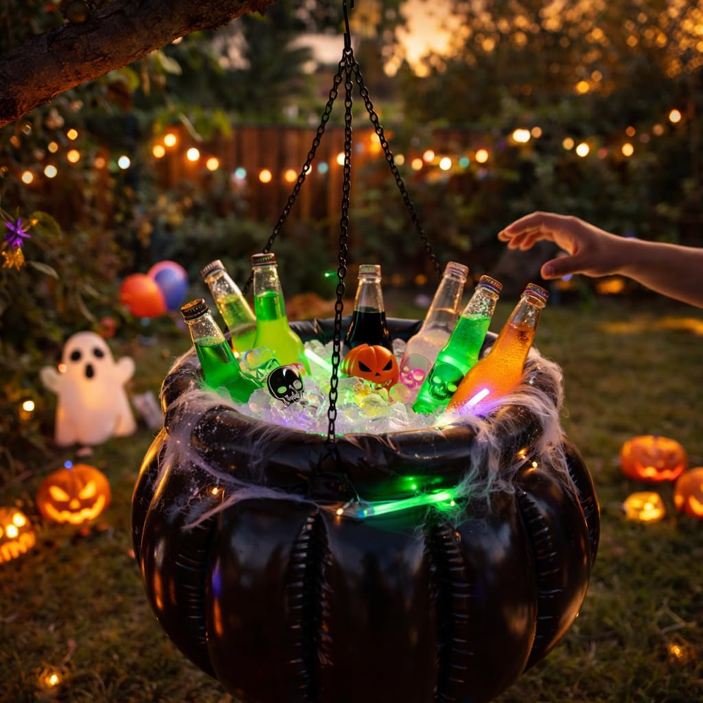 JOINPAYA Halloween Inflatable Cauldron Cooler: 14.9 x 13.7inch Black Beverage Cooler DIY Witches Cauldron Candy Kettle, Drink Holder for Party Photo Prop Decoration