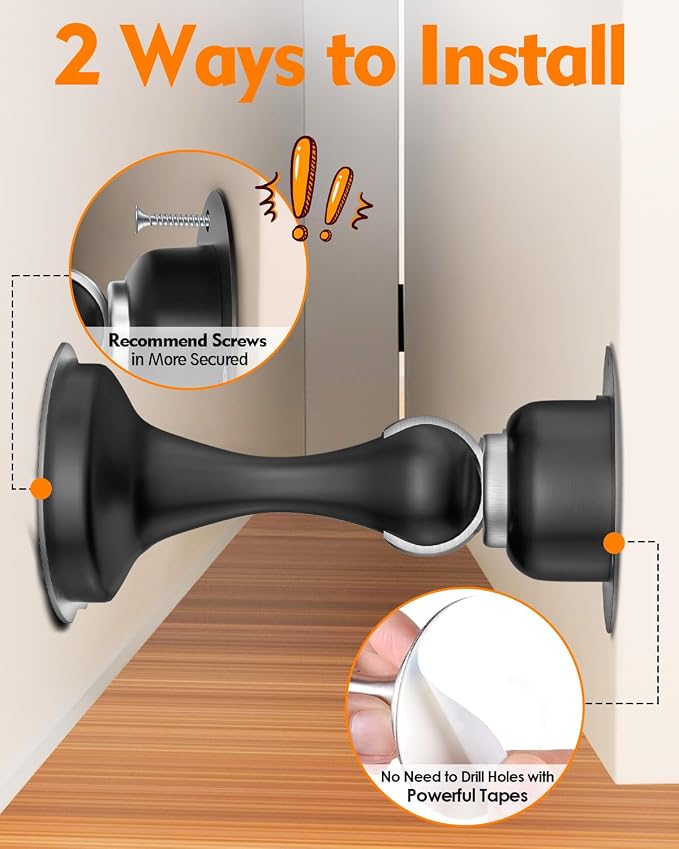 Door Stoppers Magnetic Door Catch - Stainless Steel Heavy Duty Door Holder Stops for Bottom Top of Door - Wall Floor Mounting No Drill 3D Adhesive & Screws Strong Magnet Keep Door Open 4 Pack