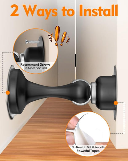 Door Stoppers Magnetic Door Catch - 2 Pack Stainless Steel Heavy Duty Door Holder Stops for Bottom Top of Door - Wall Floor Mounting No Drill 3D Adhesive & Screws Strong Magnet Keep Door Open