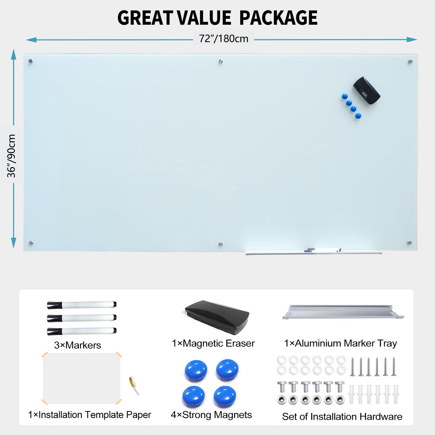 Magnetic Glass Writeboard Tempered Glass Dry Erase Boards Wall Mounted Frameless Whiteboard Bulletin Message Boards (White, 72" Wx36 H)