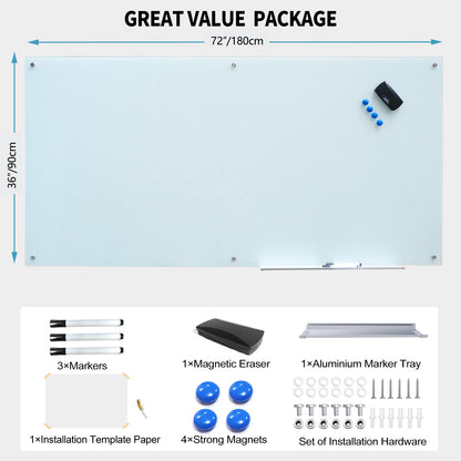 Magnetic Glass Writeboard Tempered Glass Dry Erase Boards Wall Mounted Frameless Whiteboard Bulletin Message Boards (White, 72" Wx36 H)