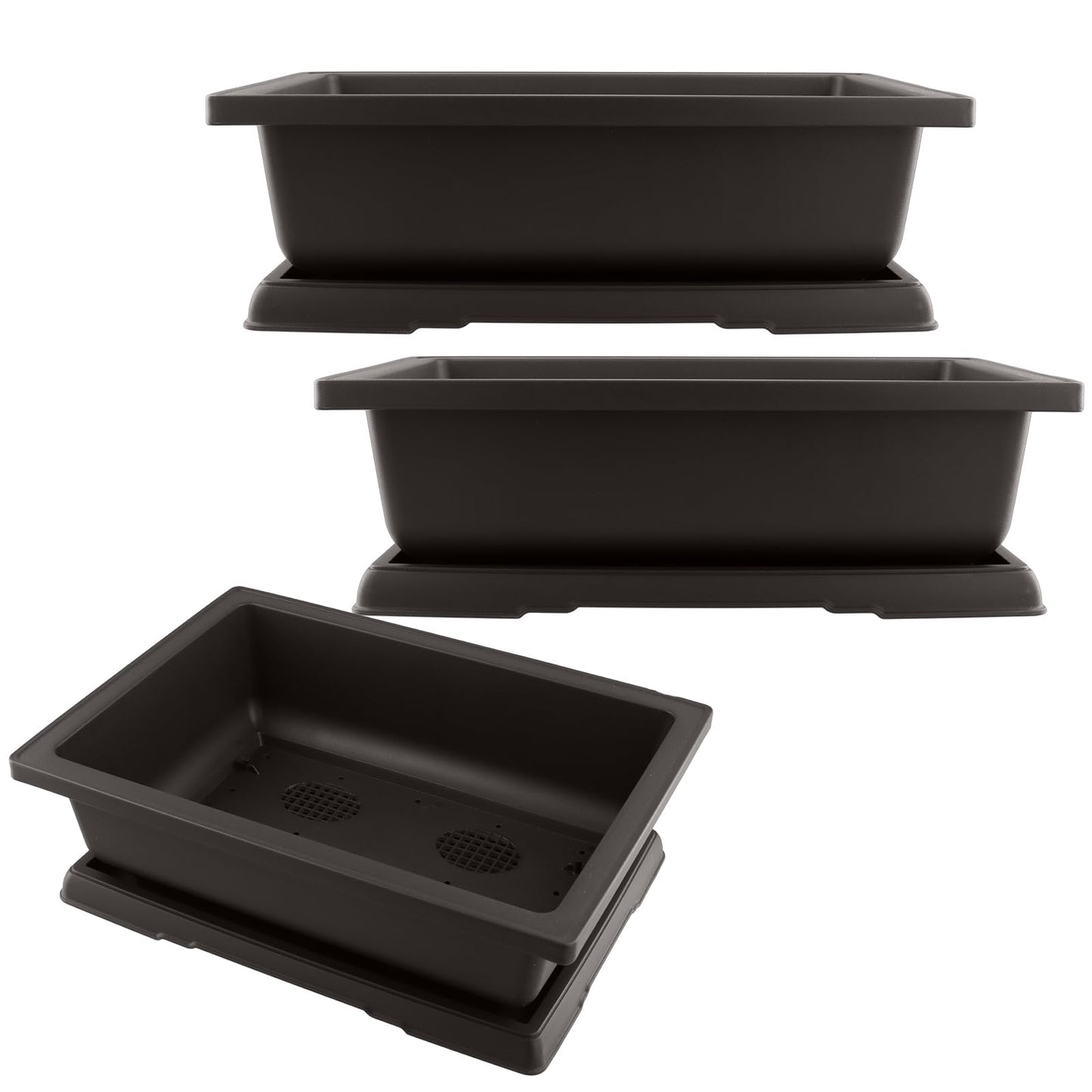 TAICHEUT 3 PCS 14 Inches Plastic Bonsai Training Pots, Rectangular Bonsai Tree Pots with Trays, Large Plastic Bonsai Container for Indoor, Outdoor