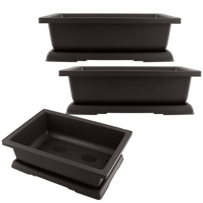 TAICHEUT 3 PCS 14 Inches Plastic Bonsai Training Pots, Rectangular Bonsai Tree Pots with Trays, Large Plastic Bonsai Container for Indoor, Outdoor