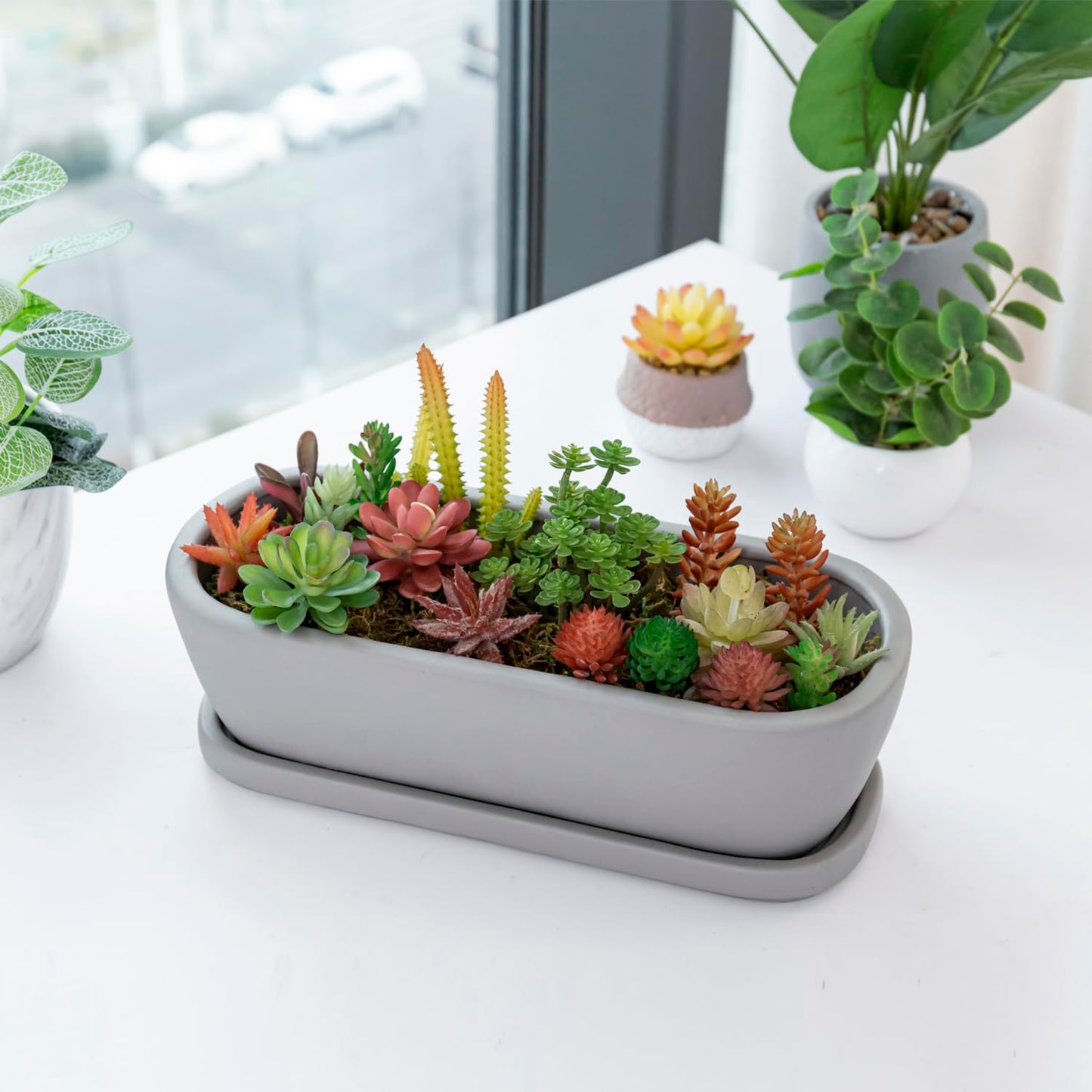 MyGift 14 Inch Oval Modern Gray Concrete Succulent Planter Pot with Drainage Hole and Removable Saucer, Decorative Cement Indoor House Plant Container for Flowers, Cactus, Herbs