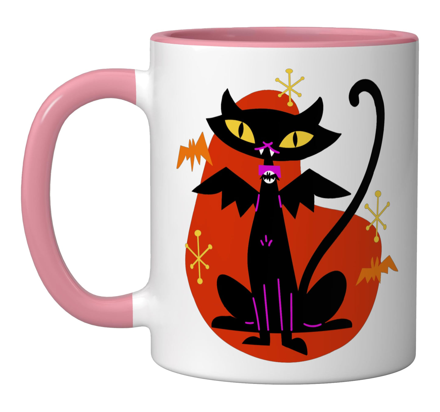 Vampire Black Cat w/Bat Wings Atomic Age Mid Century Retro Ceramic Mug, Pink/White