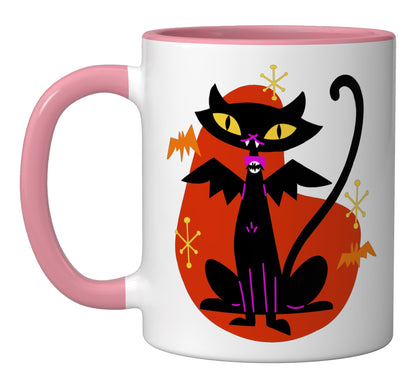 Vampire Black Cat w/Bat Wings Atomic Age Mid Century Retro Ceramic Mug, Pink/White