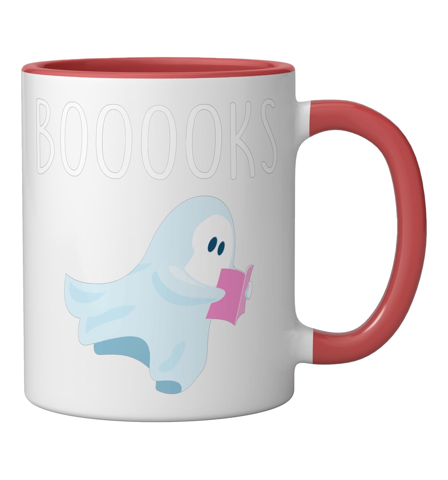 Cute Ghost Book Reading Halloween Teacher Costume Ceramic Mug, Red/White
