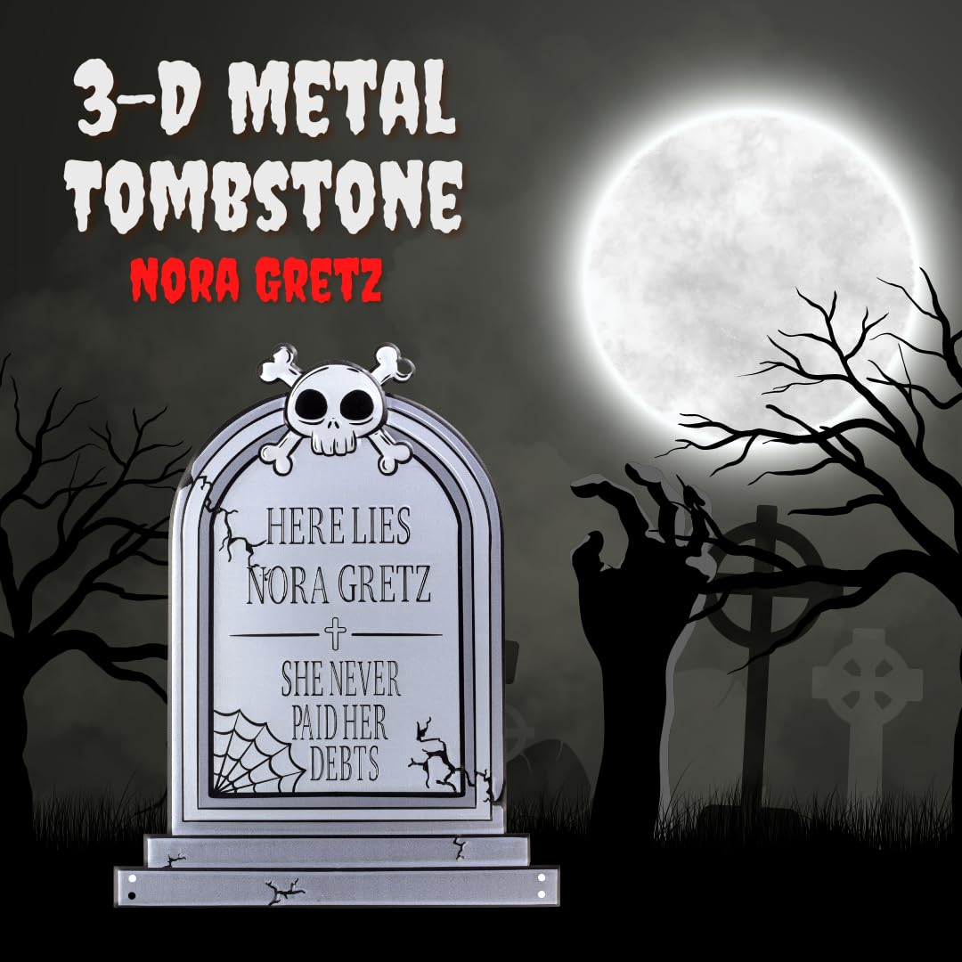 3-D Metal Halloween Ghost XL 17" Tombstone w Stakes - RIP Nora Gretz- Durable, Rustproof, UV Raised Printing- Upgrade Your Haunted House Mansion w Cemetery Lawn Decor- No More Flimsy Foam Graveyards
