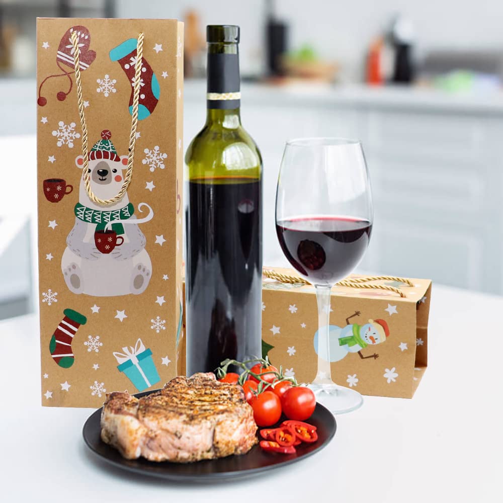 VEYLIN 12Pcs Christmas Wine Tote Bags, Xmas Thick Kraft Paper Gift Bags for Wine Bottle Wrapping