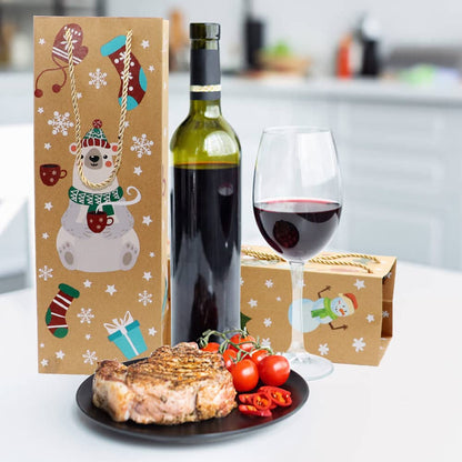 VEYLIN 12Pcs Christmas Wine Tote Bags, Xmas Thick Kraft Paper Gift Bags for Wine Bottle Wrapping