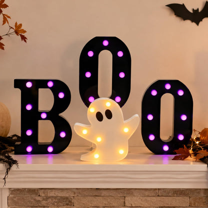 InnovTools Autumn Halloween Decorations BOO Marquee Letters with Ghost Light Purple LED Light Up Sign Spooky Table Centerpiece Wall Decor for Halloween Home Room Indoor Party Battery Operated Signs