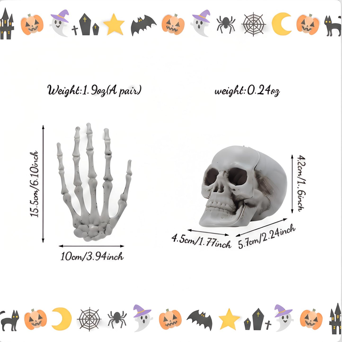 8 Pieces Halloween Decoration Set Includes 4 Halloween Mini Skulls Realistic Looking Skulls and 4 Skeleton Hands Plastic Fake Human Hands for Decoration
