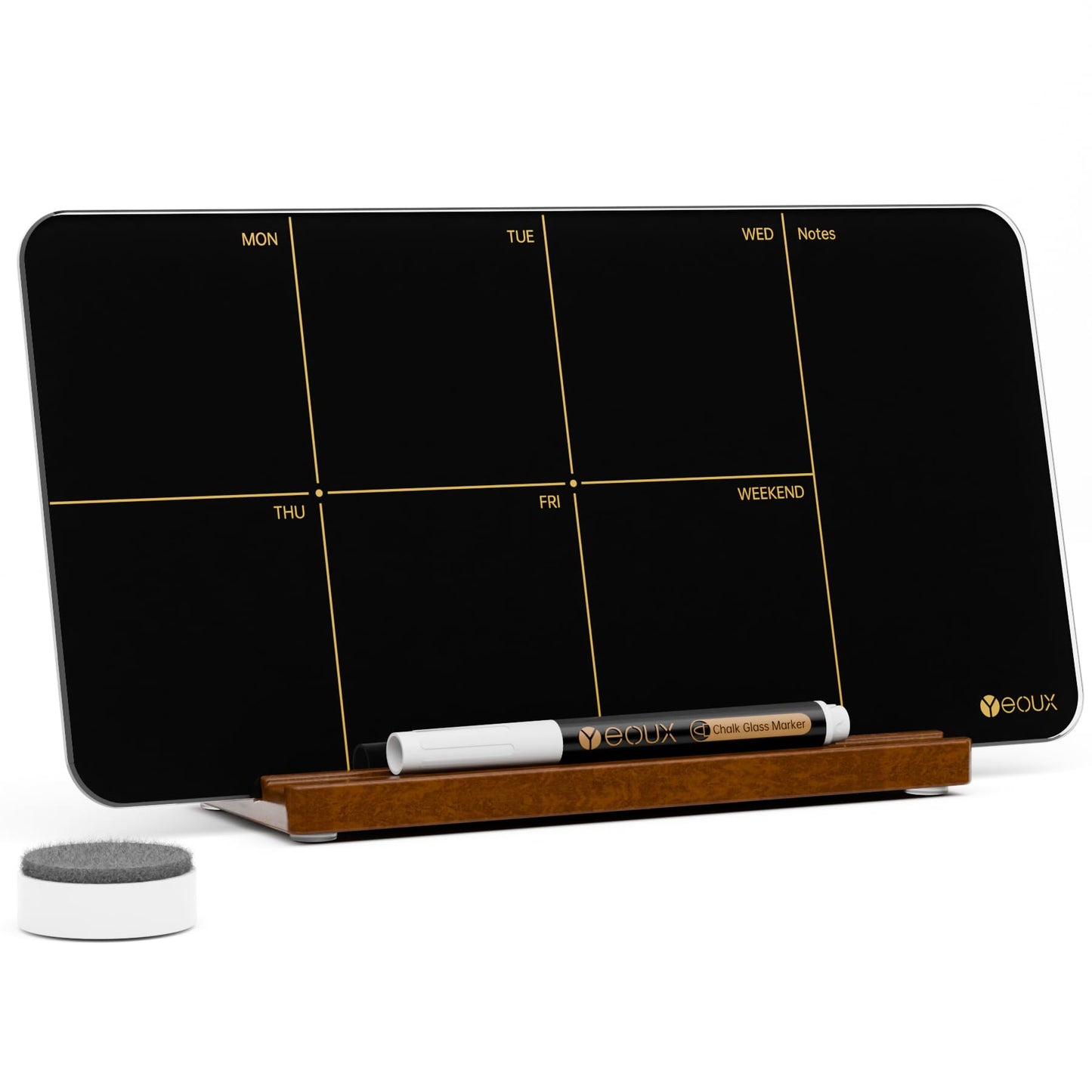 Desktop Black Glass Weekly Planner Dry Erase Whiteboard with Detachable Wood Stand,Small Portable Week Calendar to Do List White Board 12x6 for Office, Home, Schools, Marker&Eraser Included, Yeoux