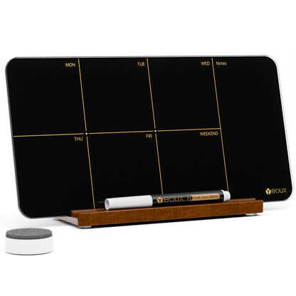 Desktop Black Glass Weekly Planner Dry Erase Whiteboard with Detachable Wood Stand,Small Portable Week Calendar to Do List White Board 12x6 for Office, Home, Schools, Marker&Eraser Included, Yeoux