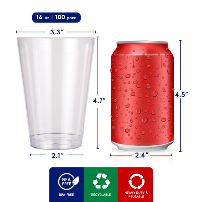 JOLLY CHEF 16 oz Clear Disposable Plastic Cups, 100 Pack Heavy-duty Plastic Cups Tumblers,Perfect for for Halloween, Christmas, and Thanksgiving Parties