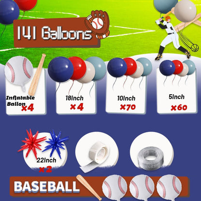 Baseball Balloon Garland Arch Kit,141pcs Red White Deep blue Twilight blue with 3D Baseball bat Star Balloons for Party Supplies