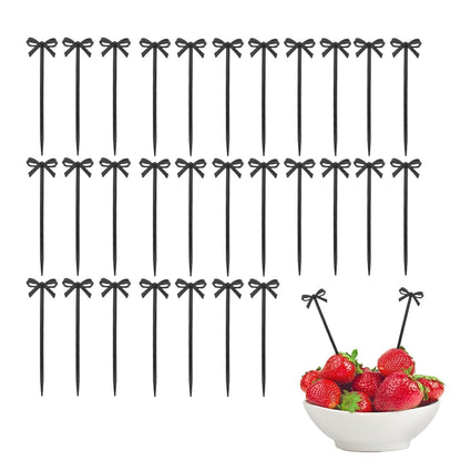 100pcs Black Bow Cocktail Picks,Plastic Bow Decor Fruit Fork Bow Drink Stirrers Black Bow Cupcake Toppers Party Food Sticks Toothpick Dessert Picks Decorative Skewers for Appetizers Party