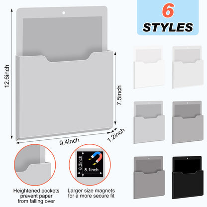 Fuutreo 6 Pcs Magnetic Wall File Organizer Magnetic Wall File Holder Refrigerator Magazine Holder for Mail Letters Paper(Achromatic Colors,Vertical-large)