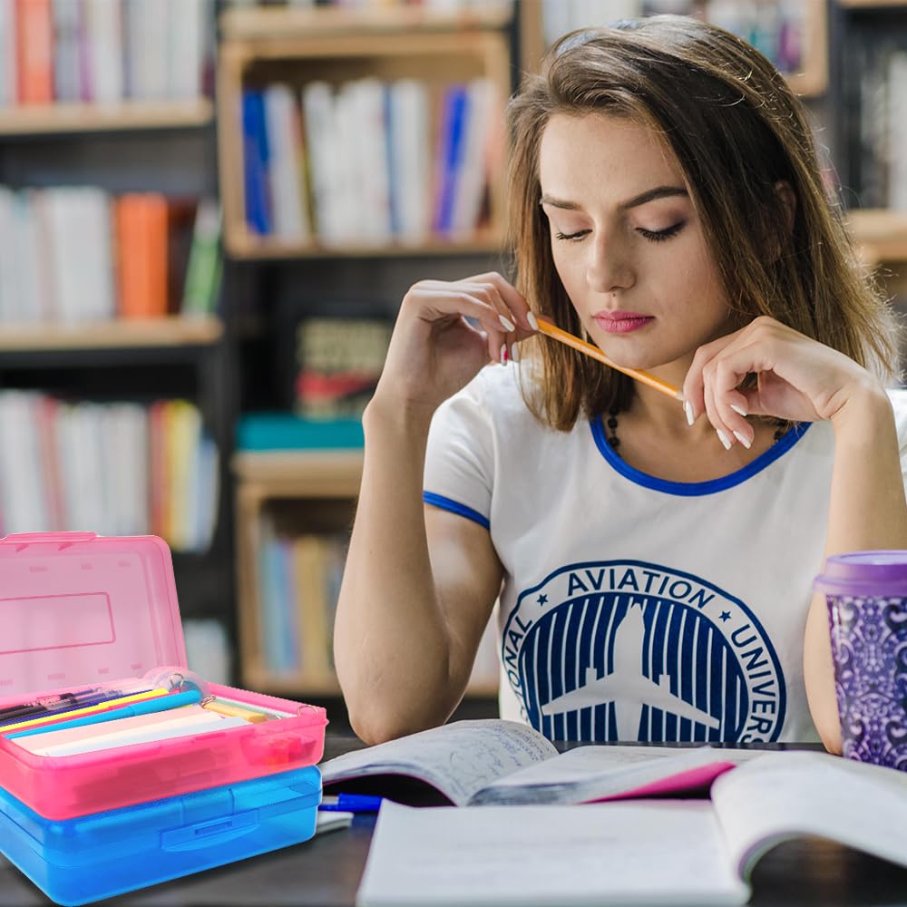 Blue Large Plastic Pencil Box 3 Pack with Aesthetic Design and Hard Case, Comes with Stickers in Pink and Clear Colors