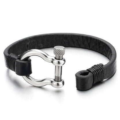 COOLSTEELANDBEYOND Nautical Anchor Black Leather Bracelet for Men and Women, Stainless Steel Screw Shackle, Leather Wrap Wristband, Sailing, Maritime, Ocean-Inspired Jewelry