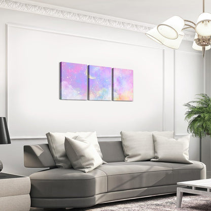 Feelyou Purple Pink Galaxy 3 Piece Canvas Wall Art for Living Room Bedroom Moon Star Wall Art for Home Decor Solar System Office Wall Decor Cloud Galaxy Wall Painting