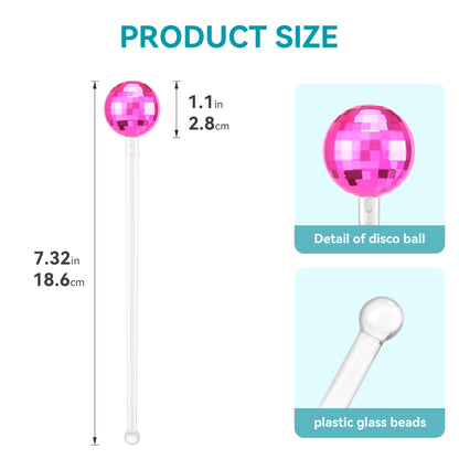 Soledea 24 Pcs Disco Ball Drink Stirrers, 8 Inch Silver Plastic Mirror Ball Swizzle Sticks, Decorative Beverage Stirrers for 70s 80s 1970s Party Home Bar Coffee Shop Use