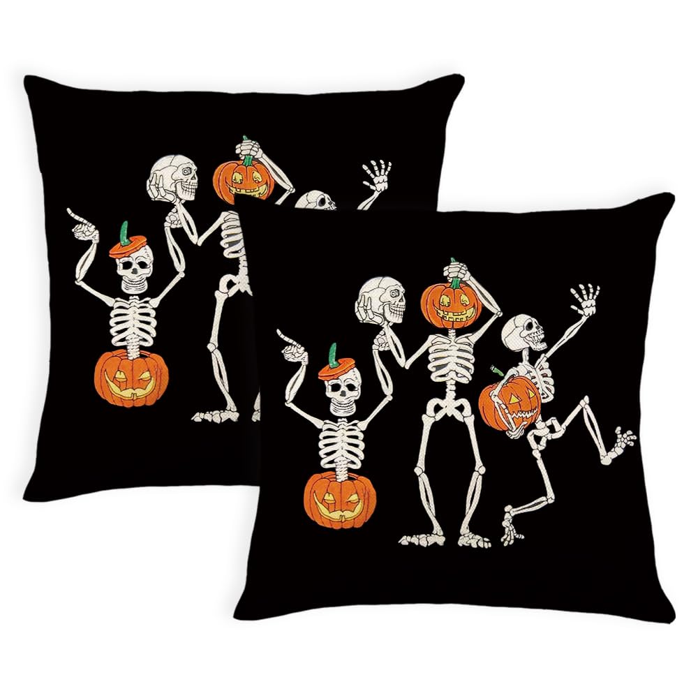Halloween Pillow Covers 16 x 16 Inch Set of 2 Skeleton Skull Pumpkin Couch Throw Pillow Covers Decorative Pillow Case Cushion Case for Chair Sofa Bedroom Living Room Halloween Home Decor Black
