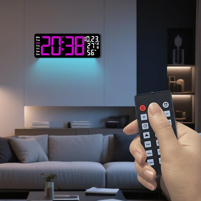 Digital Wall Clock Large Display, 17.3" Digital Clock with RGB Color Remote Control, Auto-Dimming Big Wall Clock with Night Light,Auto DST,Date Week,Temp for Home Decoration, for Elderly (Rose red)