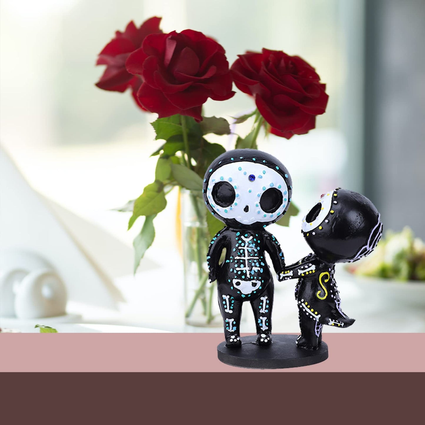 Sugar Skull Decor, Sugar Skull Couple Statue,Dia De Los Muertos Decor, Halloween Desk Decor,Day of The Dead Decorations for Home,Sugar Skull Figurine Gift for Women (D)