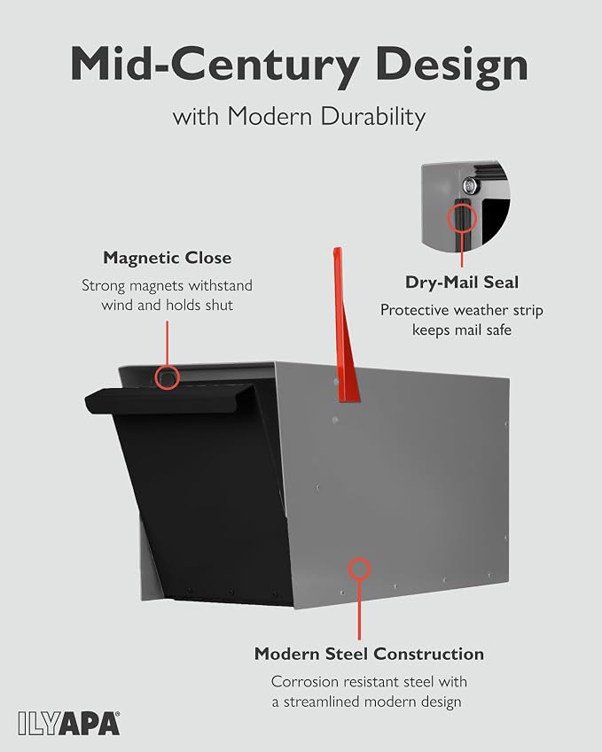 Ilyapa Modern Mailbox for Post Mount - Gray with Black Door Powder Coated Steel, Waterproof Letter Box for Parcels, with Recessed Magnetic Close Door