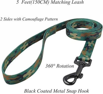 Dog Collar Leash Set, Camouflage Pattern, Polyester Material, Adjustable Collar and 5ft Matching Leash, for Medium Dogs.(M, Green Camo)