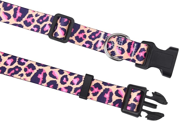 Mihqy Dog Collar and Leash Set with Bohemia Floral Tribal Geometric Patterns - Soft Ethnic Style Collar Adjustable for Small Medium Large Dogs(Pink Leopard Set,S)