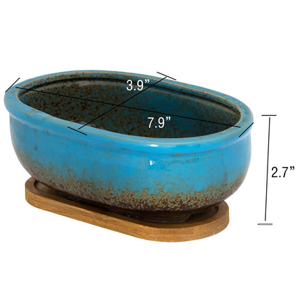 ARTKETTY Succulent Pots, 7.9'' Large Ceramic Pots for Indoor Cactus Plants, Shallow Succulent Planters with Drainage Tray, Oval Bonsai Plant Container Bowl Garden Home Windowsill Decor
