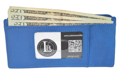 Leatherboss Genuine Leather Women's All in One Credit Business Card Case Holder Slim Zipper Wallet With a Card Protection Strap, Royal Blue