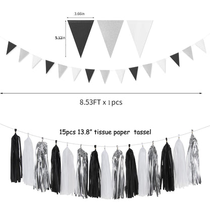 Black White Silver Party-Decorations Streamers - 23pcs Tissue Pom Poms, Graduation Men Boys Birthday Tassel Garland Banner,Wedding Baby Bridal Shower New Years Decor Lasting Surprise