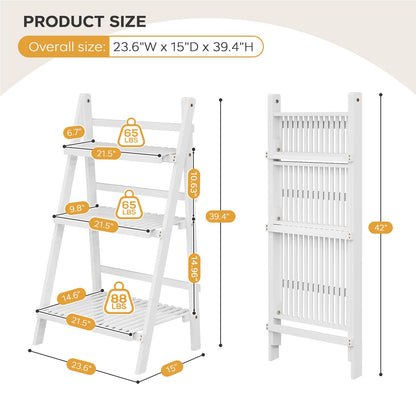 oakvivo Bamboo Bookshelf 3-Tier Ladder Shelf, 39.4” Freestanding Open Bookcase Book Shelf Bathroom Storage Shelf Unit Plant Stand for Small Space, Living Room, Bedroom, Home Office, White