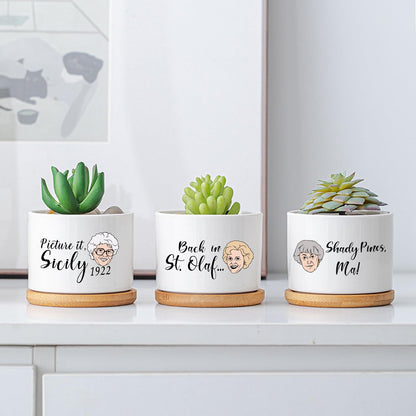 Mikopei Golden Girls Merchandise - Funny Succulent Pots Set of 4, Golden Girls Gifts for Women, Ceramic Mini Cute Planters with Bamboo Tray for Office Desk Indoor Decorations