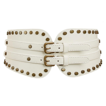 NOFIBAF Women's Elastic Wide Waist Belt Retro Rivet Stretch Waist Cincher Belt (white)