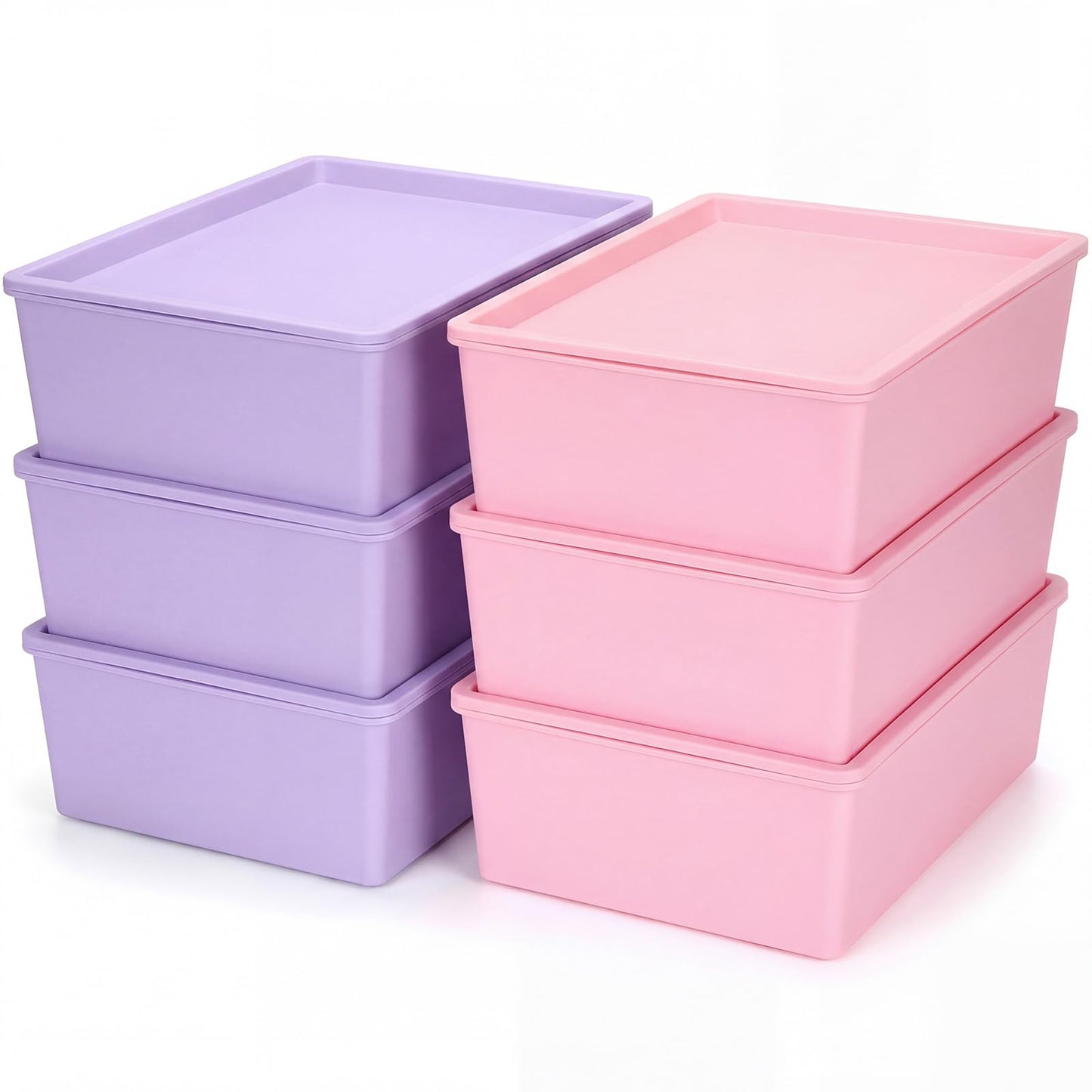 Menkxi 6 Pcs Large Plastic Storage Bins with Lids 14.4 x 10.4 x 5.1 Inch Stackable Storage Containers Decorative Cubby Organizer for Clothes Shelves Garage Closet Office (Pink, Purple)