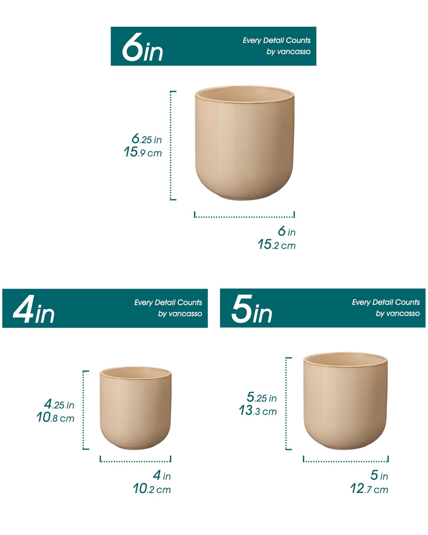 vancasso Ceramic Plant Pots, 4+5+6 inches, Set of 3, Planters with Drainage Hole, Flower Pots Planters Pots for Indoor Plants, Modern Indoor Decorative Garden Pot, Home Decor, Brown