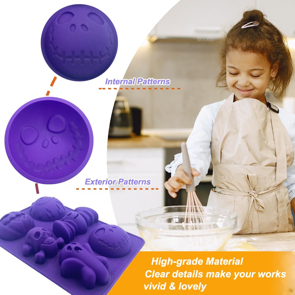 2 Pack Halloween Silicone Molds 6 Cavity Halloween Themed Molds Baking Mould Tray DIY Baking Tool for Aromatherapy Candles Chocolate Pudding Dessert Jelly Soap Cupcake Topper for Halloween Party Treat