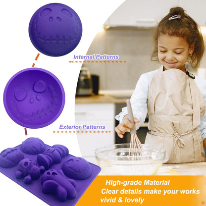 2 Pack Halloween Silicone Molds 6 Cavity Halloween Themed Molds Baking Mould Tray DIY Baking Tool for Aromatherapy Candles Chocolate Pudding Dessert Jelly Soap Cupcake Topper for Halloween Party Treat