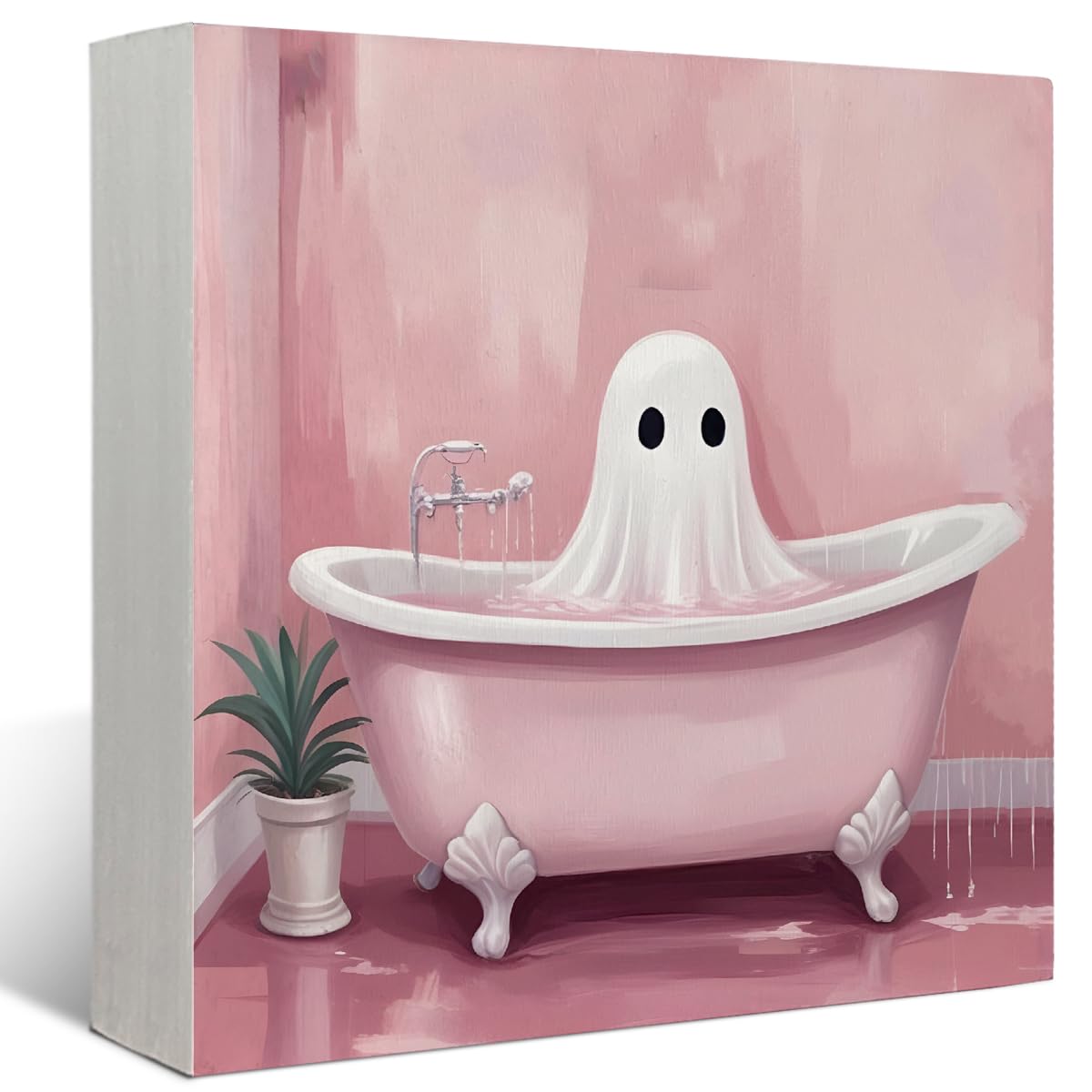 Mtrgdn Cute Halloween Decor,Halloween Decorations Indoor,Pink Ghost Bathroom Decor Wooden Box Sign,Halloween Home Office Kitchen Bathroom Bedroom Desk Table Shelf Wall Decorations,5x5 Inch