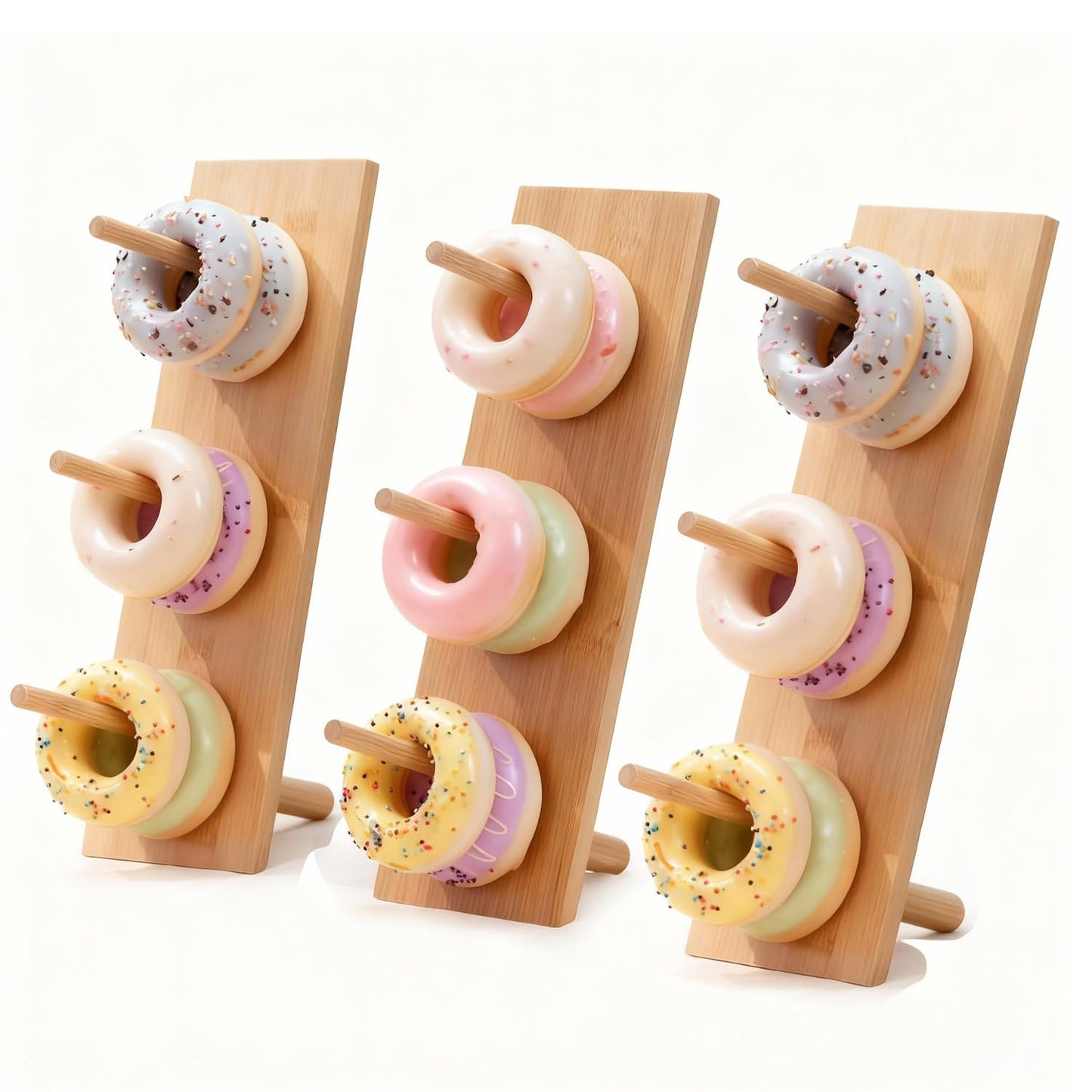 Christmas Gift Bamboo Donut Wall Stand (Pack of 3) - Wooden Doughnut Display Stand for Christmas Party, Birthday, Wedding, Dessert Table Decoration