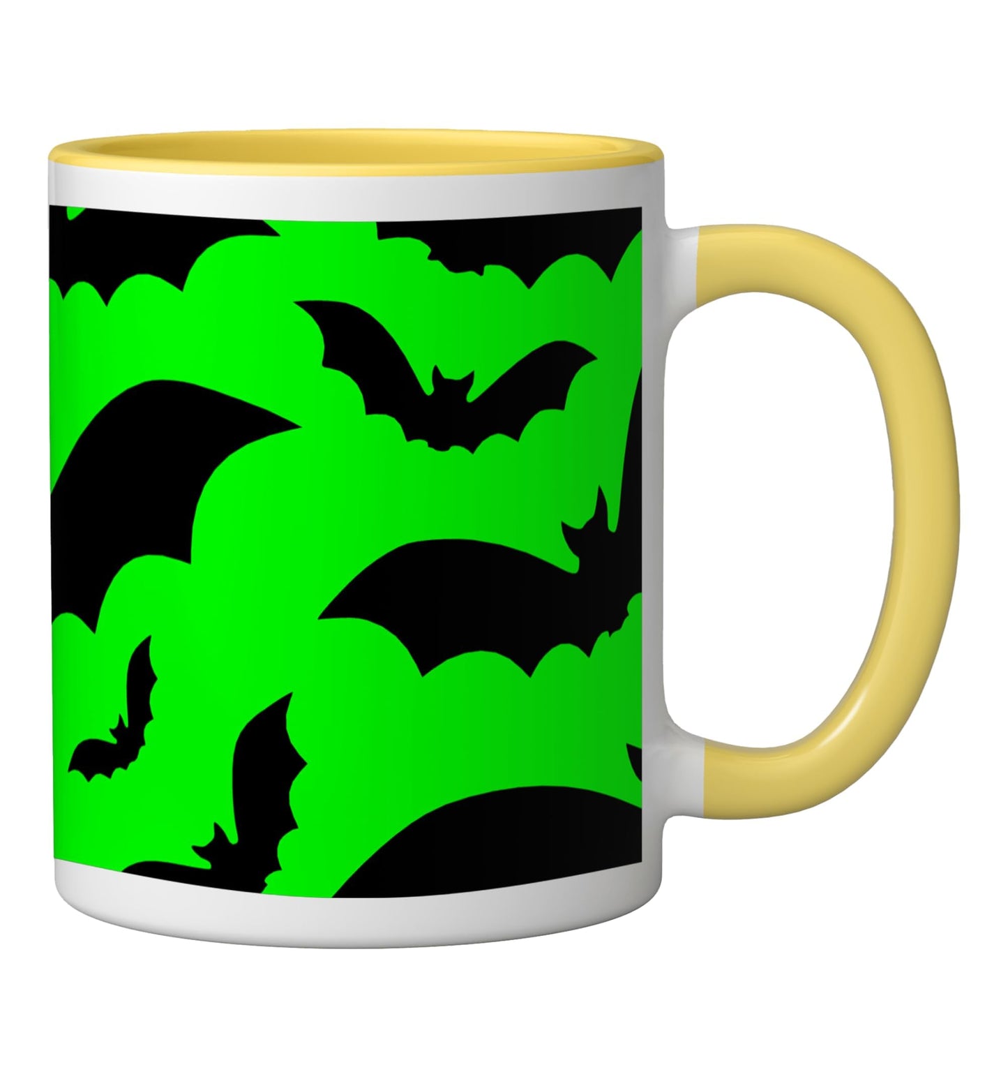 acid green halloween vampire bats goth scary macabre horror Ceramic Mug, Yellow/White