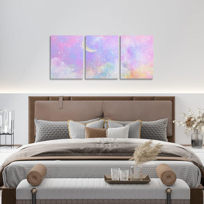 Feelyou Purple Pink Galaxy 3 Piece Canvas Wall Art for Living Room Bedroom Moon Star Wall Art for Home Decor Solar System Office Wall Decor Cloud Galaxy Wall Painting