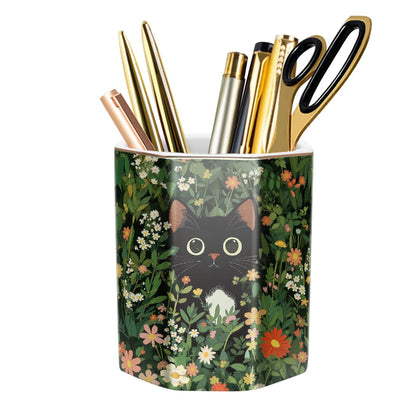 WAVEYU Pen Holder, Pencil Cup for Desk, Cute Desk Organizer, Durable Ceramic Decorative Makeup Brush Desktop Accessories, Stylish Stationery for Office, Home, Cute Cat Pattern