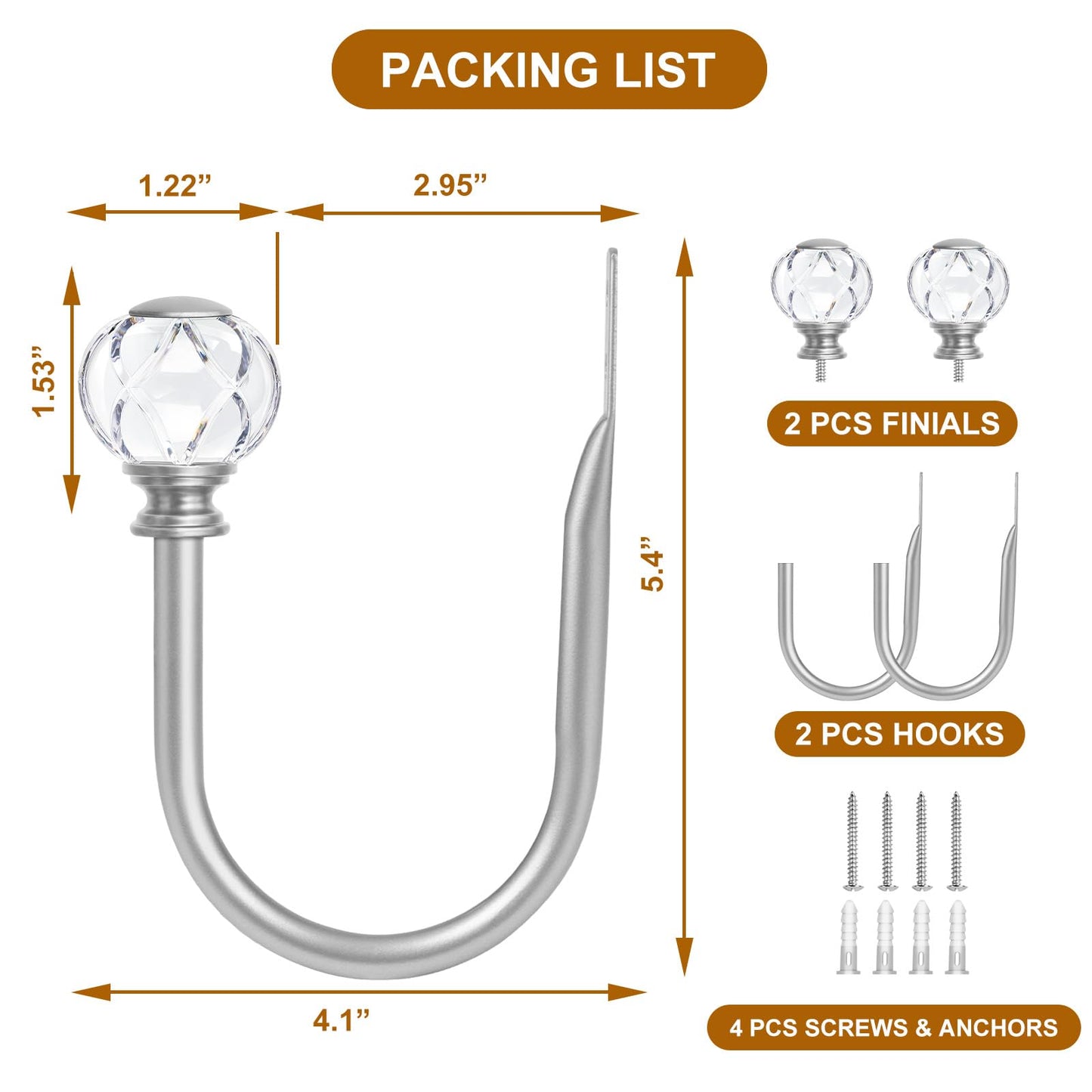 KAMANINA Curtain Holdbacks 2pcs, Silver Curtain Tiebacks Wall Mounted Window Curtains Hooks, Decorative Holders for Drapes with Crystal Finials(5.4" L × 4.1" W)